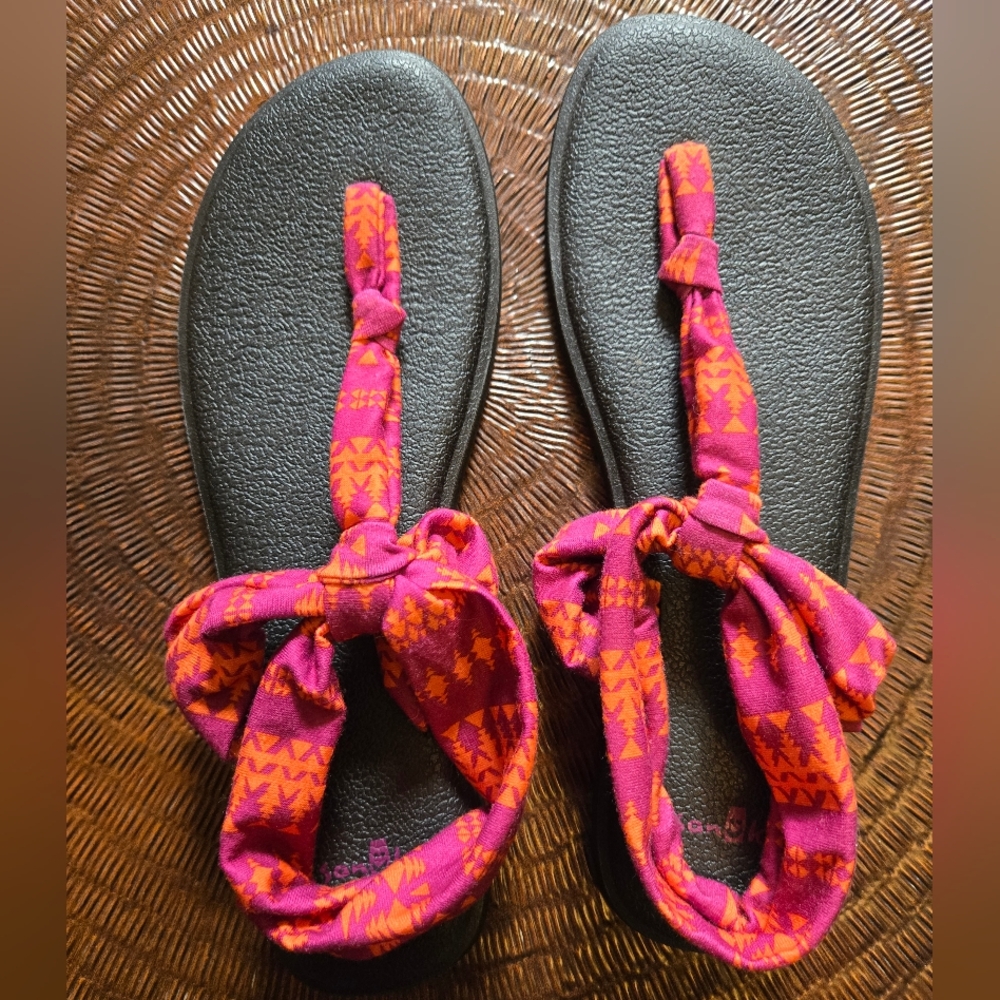 Colorful Sanuk Sandals with Pink and Orange Straps - Picture 2 of 5